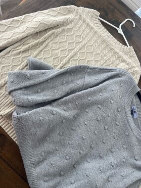 Neutral Cable & Dot Knit Sweaters - Cream and Light Gray